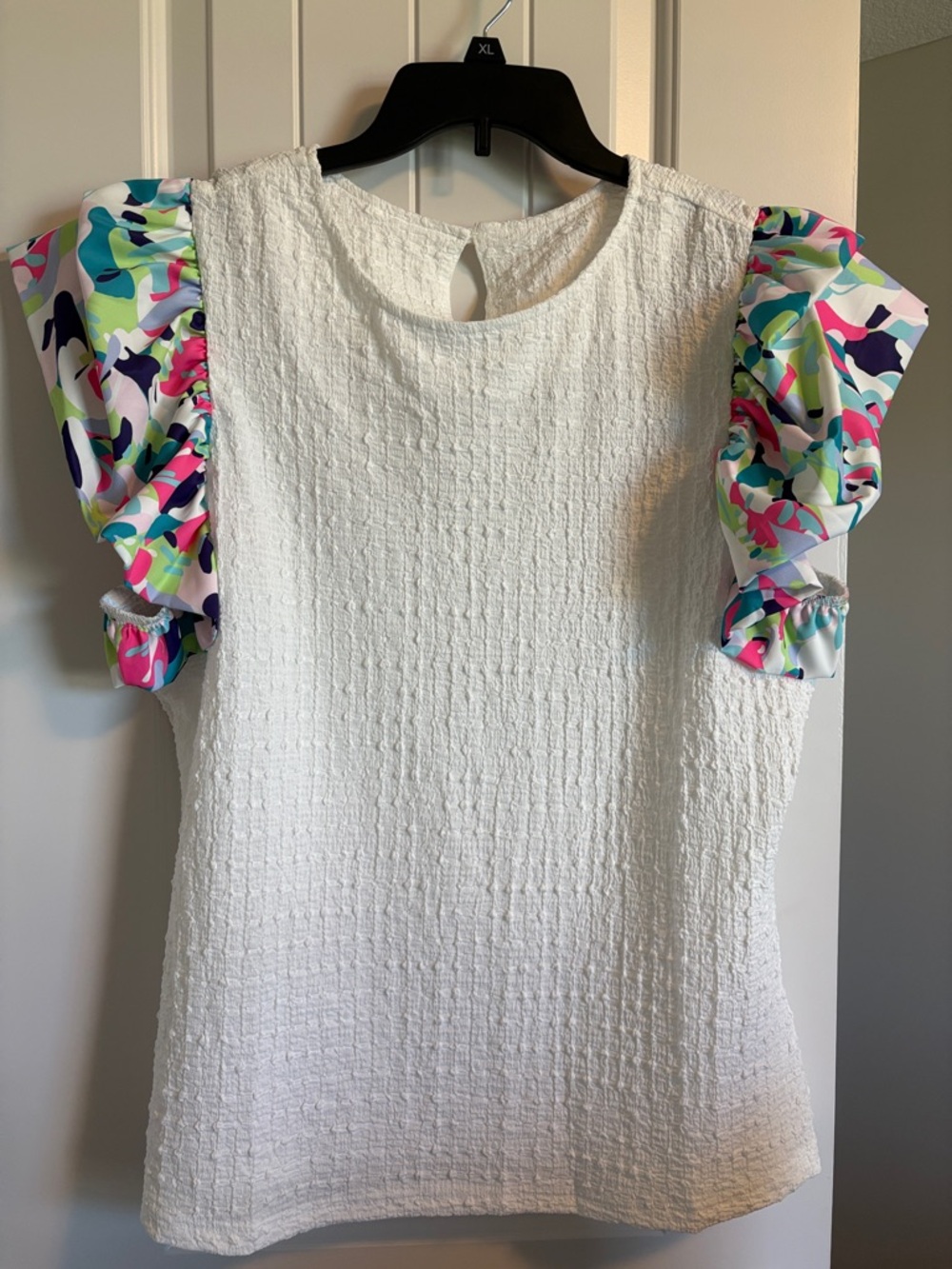 Boutique White Textured Top with Colorful Puff Sleeves